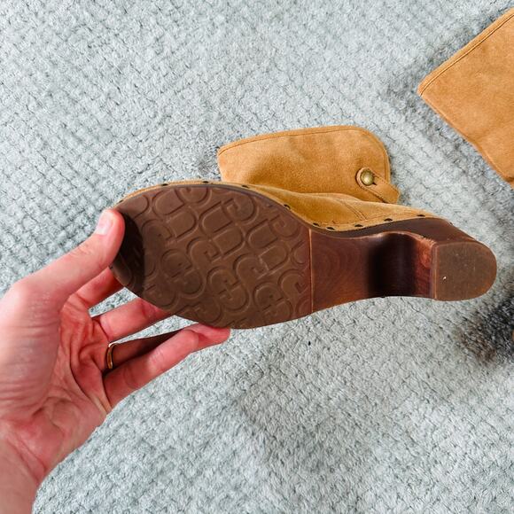 UGG Australia vtg y2k Lynnea Chestnut Brown Studded Wood Clog Sherpa Lined Boot - Picture 5 of 7